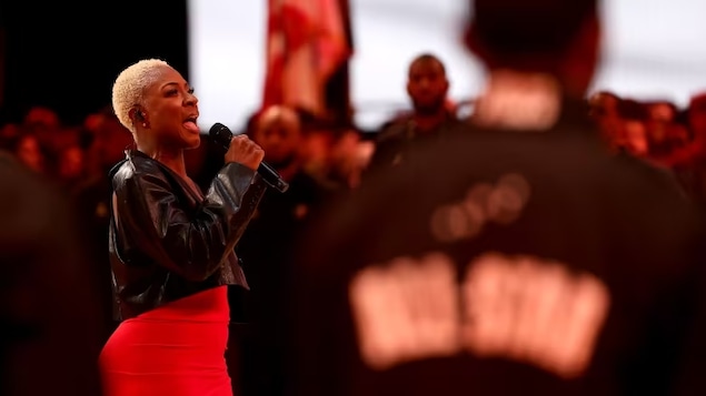 Jully Black sings prior to the 2023 NBA All-Star game between Team Giannis and Team LeBron at Vivint Arena on Feb.19, 2023 in Salt Lake City, Utah. (Tim Nwachukwu/Getty Images)