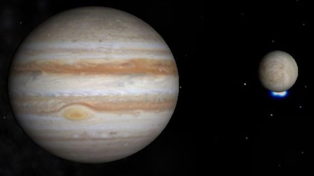 Représentation de la planète Jupiter et de la lune Europe.