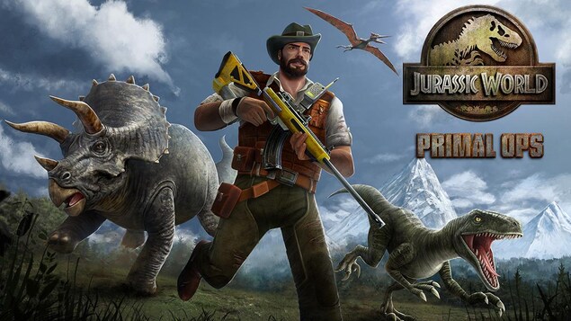 Un personnage de chasseur, armé d'un long fusil, court dans la nature alors qu'il est suivi par deux dinosaures.