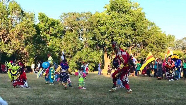 Enfants et adultes dansent dans le parc, vêtus de costumes traditionnels. Enfants et adultes dansent dans le parc, vêtus de costumes traditionnels.