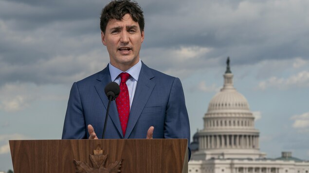 Prime Minister Justin Trudeau will be in Washington, D.C., for two days starting Wednesday. On the first day, he visits the U.S. Capitol, shown in the background during a visit to Canada's embassy in 2019. He'll be meeting with leaders in both the Senate and House of Representatives. 