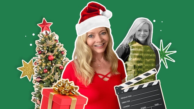 Un collage d'images présentant Karen Schaler, coiffée d'une tuque de Noël, entourée d'une autre femme, vêtue d'un gilet pare-balles, d'un sapin, d'un cadeau et d'un clap de cinéma.