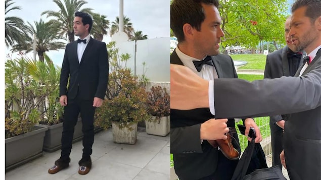 Deux images de Kelvin Redvers à Cannes pendant qu'il porte des mocassins.