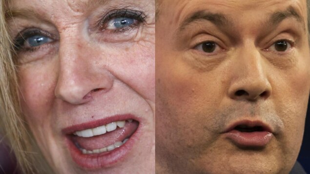 Plan rapproché des chefs Rachel Notley et Jason Kenney en train de parler.
