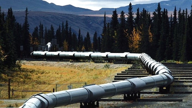 Le pipeline Keystone traverse un terrain montagneux avec des arbres.