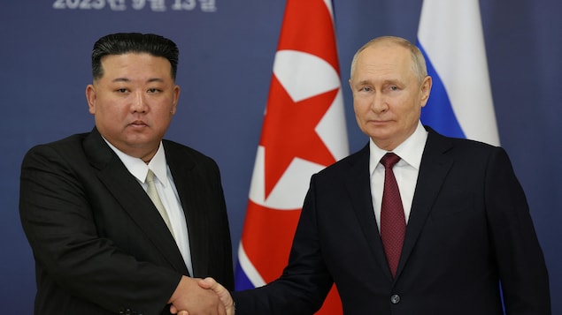 Russian President Vladimir Putin, left, and North Korea's leader Kim Jong-un, right, meet at the Vostochny Cosmodrome in the far eastern Amur region of Russia on Wednesday.