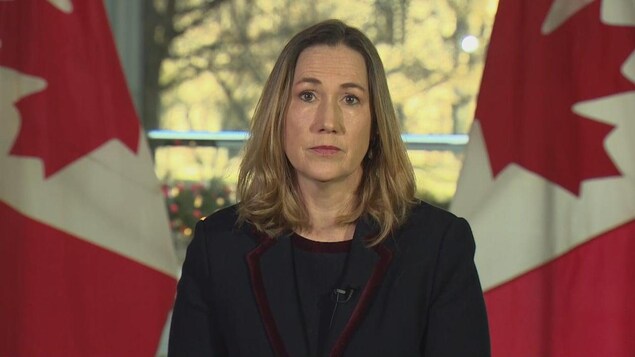 Plan moyen de Kirsten Hillman avec, derrière elle, deux drapeaux du Canada.
