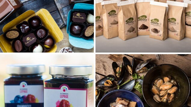 On voit du chocolat, du café, des pots de confitures et des moules dans un bol. Tous sont des produits de la Gaspésie et des Îles-de-la-Madeleine. On voit du chocolat, du café, des pots de confitures et des moules dans un bol. Tous sont des produits de la Gaspésie et des Îles-de-la-Madeleine.