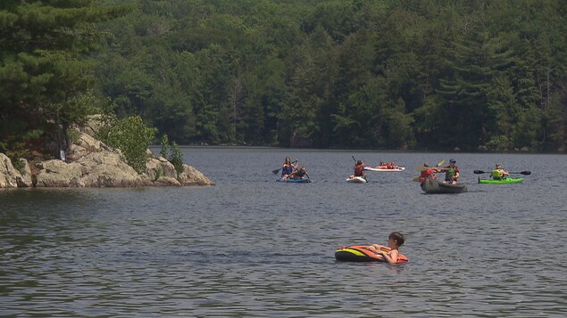 Des personnes sont dans un lac sur des embarcations de différents types : planche à pagaie, canot et tube.