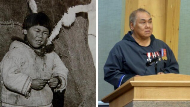Deux photos collées montrant Larry Audlaluk : la première alors qu'il était enfant, la seconde à l'âge adulte. Deux photos collées montrant Larry Audlaluk : la première alors qu'il était enfant, la seconde à l'âge adulte.