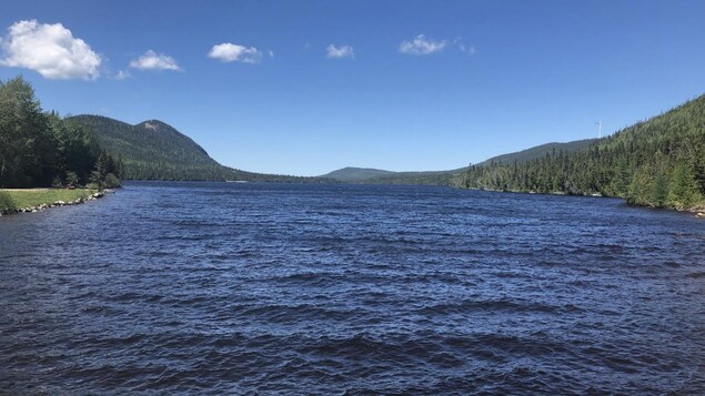 Un grand lac avec des petites montagnes boisées autour.