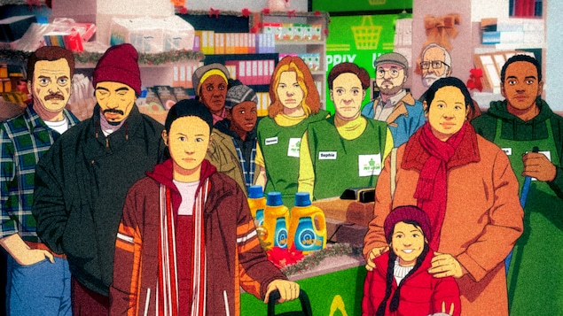 L'affiche du court-métrage « Le petit panier à roulettes », où tous les personnages sont dessinés dans une épicerie.