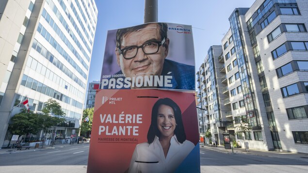 Des pancartes électorales à Montréal, celles de Valérie Plante et Denis Coderre.