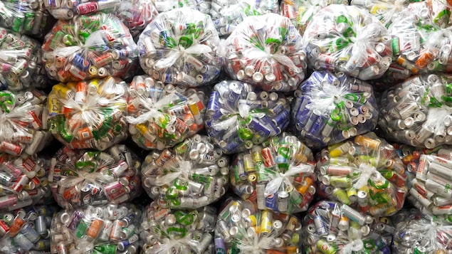 Des sacs de plastique remplis de canettes en aluminium sont empilées.
