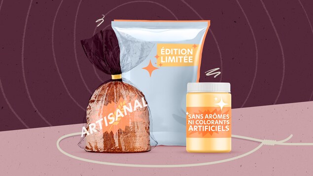 Un pain avec la mention «artisanal». Un sac avec la mention «édition limitée». Et un pot avec la mention «sans arômes ni colorants artificiels». Les trois éléments sont entourés d'un lasso.