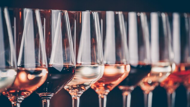Différentes sortes de vin dans des verres et aligné.