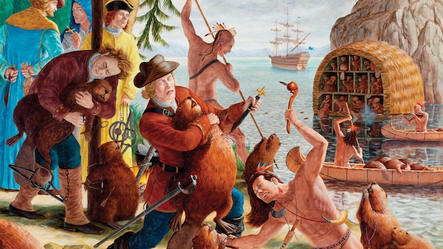 Une toile montre des colonisateurs protéger des castors contre des autochtones qui tentent de les capturer. 