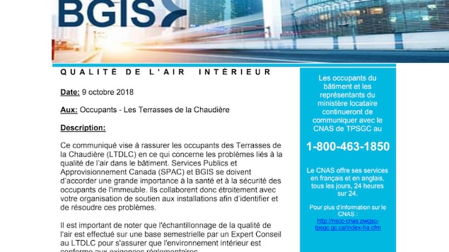 Photo de la lettre envoyée à tous les occupants des Terrasses de la Chaudière relativement aux problèmes de qualité de l'air. Photo de la lettre envoyée à tous les occupants des Terrasses de la Chaudière relativement aux problèmes de qualité de l'air.