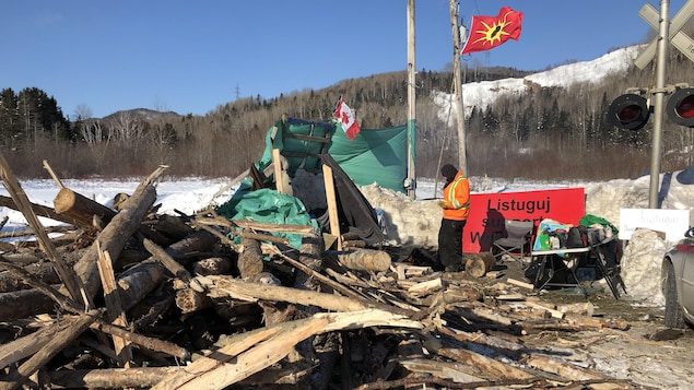 Un homme se tient devant un feu de camp protégé par une bâche. Tout près, des troncs d'arbre sont empilés sur le sol.