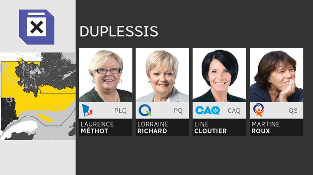 Les candidates des principaux partis pour le scrutin du 1er octobre 2018 dans la circonscription de Duplessis avec sous leur photo le logo de leur parti. Les candidates des principaux partis pour le scrutin du 1er octobre 2018 dans la circonscription de Duplessis avec sous leur photo le logo de leur parti.