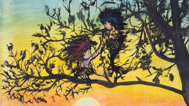 La couverture d'un livre sur laquelle on voit deux personnages échevelés assis sur les branches d'un arbre devant un coucher de soleil.