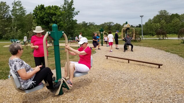 Des aînés utilisent les stations d'exercice du Parcours Santé situées au parc Beauséjour à Rimouski. Des aînés utilisent les stations d'exercice du Parcours Santé situées au parc Beauséjour à Rimouski.