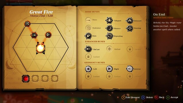 Capture d’écran illustrant une page de conception des magies du jeu « Mages of Mystralia », du studio Boréalys Capture d’écran illustrant une page de conception des magies du jeu « Mages of Mystralia », du studio Boréalys