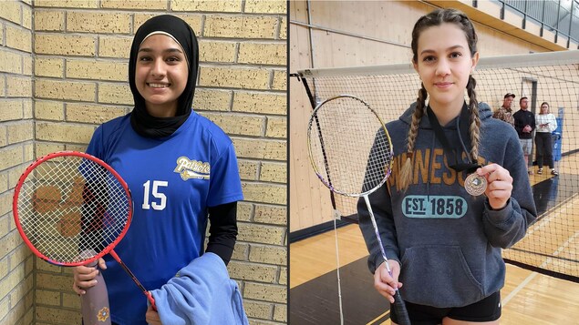 Photo montage de Mahdiyyah Noor Mahamod et Sabrina Bussière, elles sont dans un gymnase, raquette à la main.