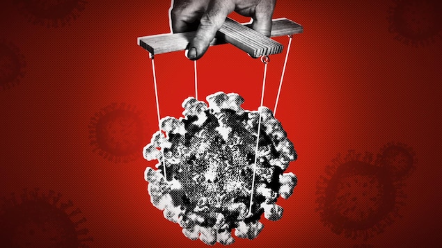 Une main qui contrôle un virus comme une marionnette.