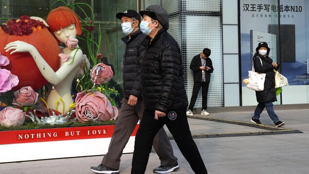 Des gens habillés en tenues hivernales marchent avec un masque sur le visage. 