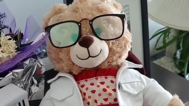 Un ourson en peluche porte des lunettes, une robe avec des coeurs et un blouson. Il est posé sur un meuble.