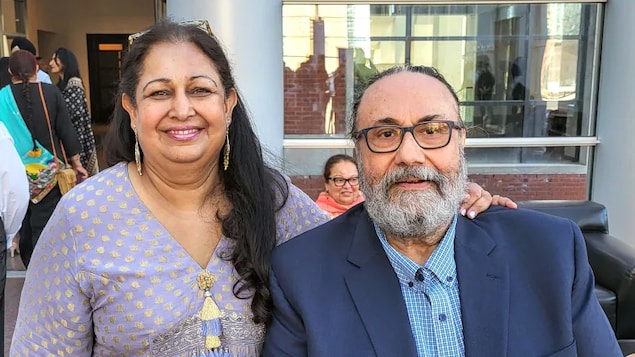 Mandeep Roshi Chadha and Baljit Chadha are seen at the opening of a Sikh art gallery in the Art of One World wing at the Montreal Museum of Fine Arts on June 9, 2022. (Sonali Karnick/CBC)