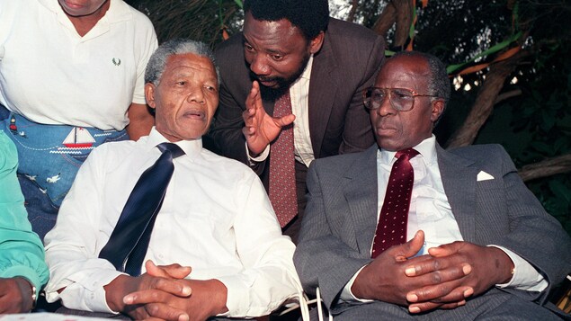 Cyril Ramaphosa debout, à l'arrière de Nelson Mandela et d'Andrew Mlangeni, qui sont assis, les mains croisées. Cyril Ramaphosa debout, à l'arrière de Nelson Mandela et d'Andrew Mlangeni, qui sont assis, les mains croisées.