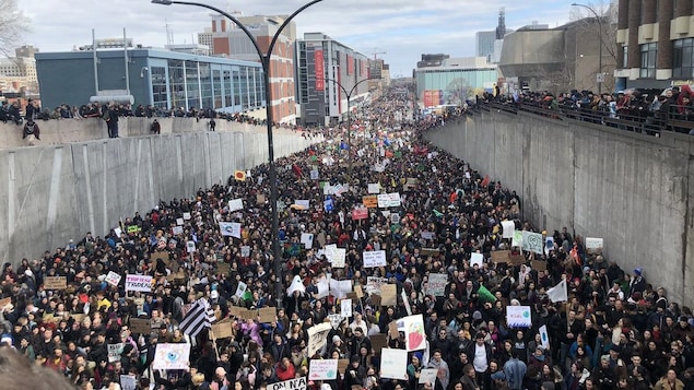 Une mer de jeunes manifestants défilent sur la rue Berri au centre-ville de Montréal.