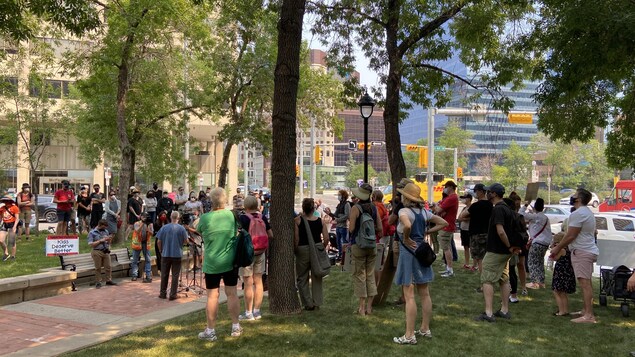 Des manifestants dans un parc.