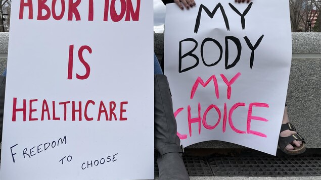"El aborto es un cuidado médico", "Mi cuerpo, mi decisión". Dos pancartas de las defensoras del derecho al aborto.