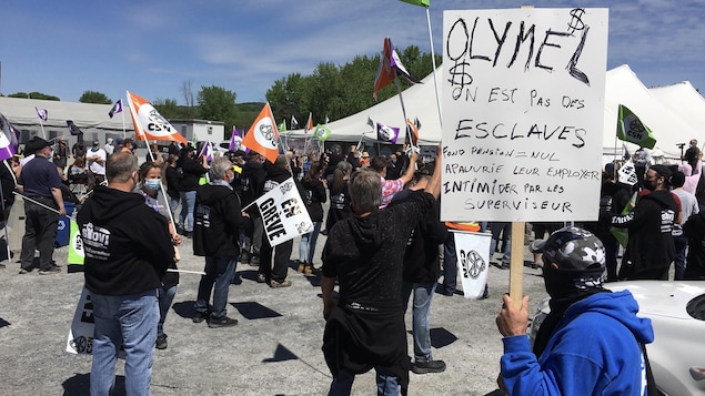 Un groupe de manifestants avec des pancartes et drapeaux.