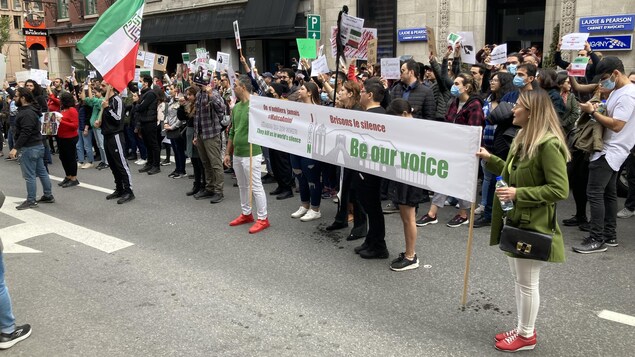 Des dizaines de personnes réunies dans la rue. Certaines brandissent des pancartes, d'autres agitent des drpeaux de l'Iran.