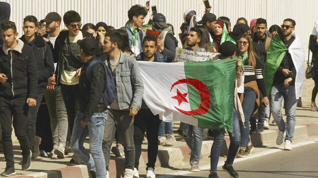 Une masse de manifestants agitent des drapeaux de l'Algérie.