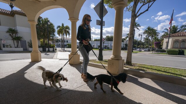 Une femme tient deux chiens en laisse et passe sous une arche.