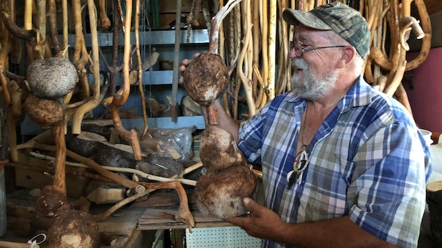 Un homme manipule des bouts de bois.