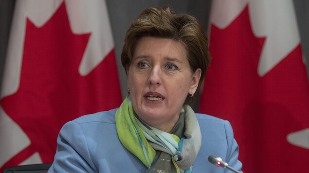 Marie-Claude Bibeau devant des drapeaux du Canada.