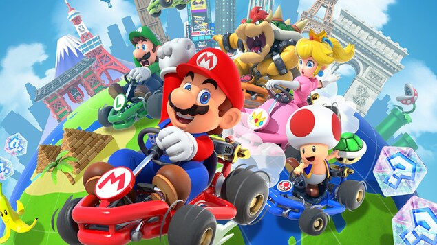 Les personnages Lugi, Mario, Bowser, Peach, Toad et Yoshi dans des karts.