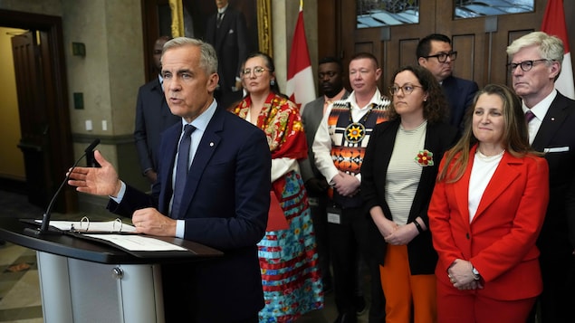 Le premier ministre Mark Carney est accompagné de membres de son cabinet et de son caucus lors d'une conférence de presse dans le foyer de la Chambre des communes à Ottawa.