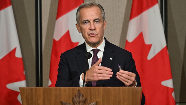 Le premier ministre canadien Mark Carney devant des drapeaux canadiens en point de presse. 
