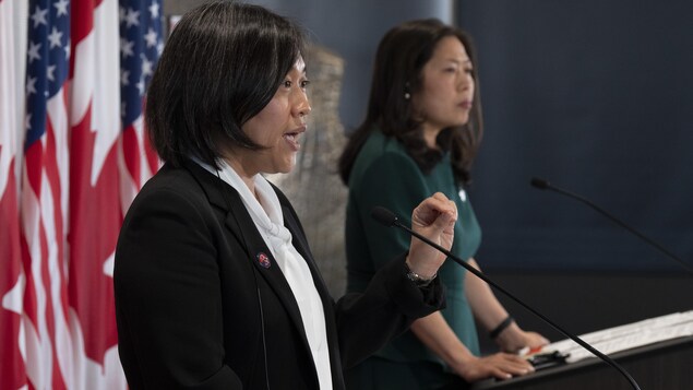 Minister of Economic Development, International Trade and Export Promotion Mary Ng, right, and United States Trade Representative Katherine Tai speak during a joint news conference in Ottawa on May 5, 2022.