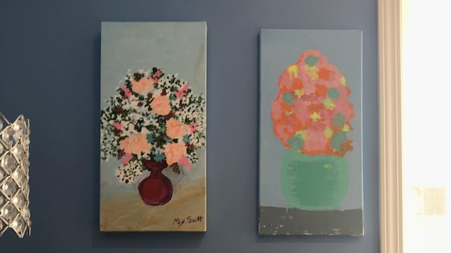Peinture représentant des pots de fleurs peints par Mary Scott. Peinture représentant des pots de fleurs peints par Mary Scott.