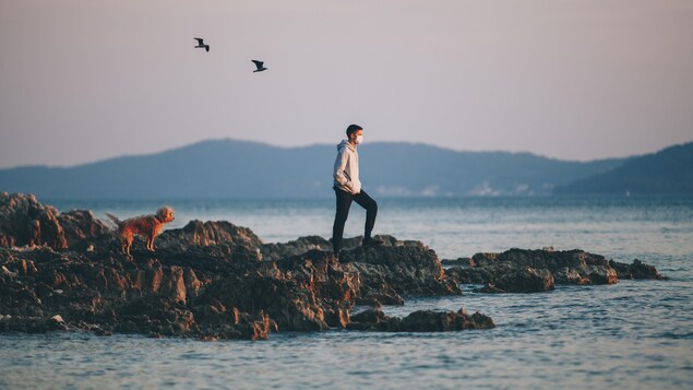 Jeune homme sur des rochers au bord de l'eau avec un chien.