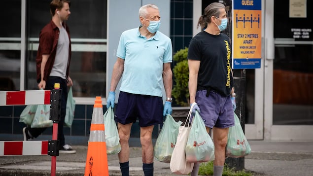 Deux hommes portant le masque avec des sacs d'épicerie en main.