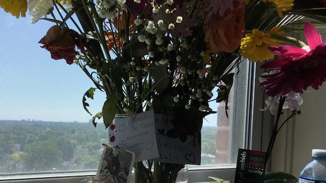 Des fleurs et des messages et un éléphant en peluche laissés sur le bord de la fenêtre de la chambre d'hôpital. Des fleurs et des messages et un éléphant en peluche laissés sur le bord de la fenêtre de la chambre d'hôpital.